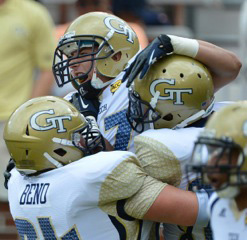 Zach Laskey celebrates his touchdown for the Yellow Jackets in their game against Boston College. As a freshman at Georgia Tech, he recorded an average of 5.6 yards rushing and 20.5 yards receiving.