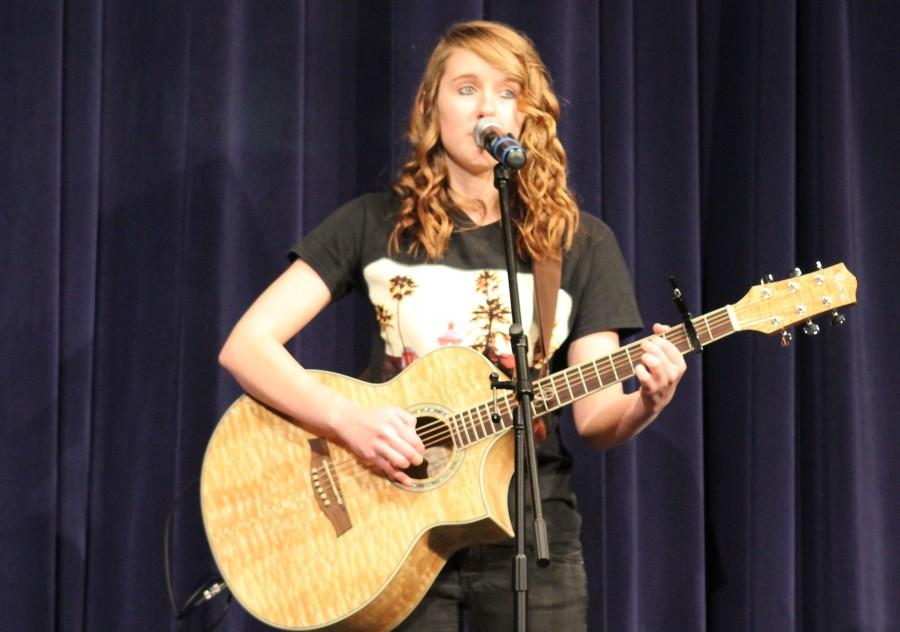 Though a beginner at guitar, sophomore Cali Gaynor showed no signs of novelty as she played her guitar as she also sang Green Day's "Good Riddance (Time of your Life)."