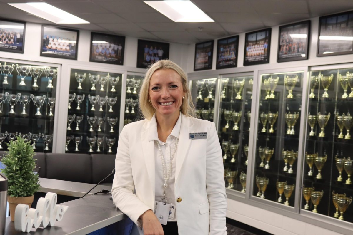 Principal Jamie Voorhies poses in the front office of Starr’s Mill High School. The 2024-2025 school year brings new beginnings and big goals with an emphasis on school culture.