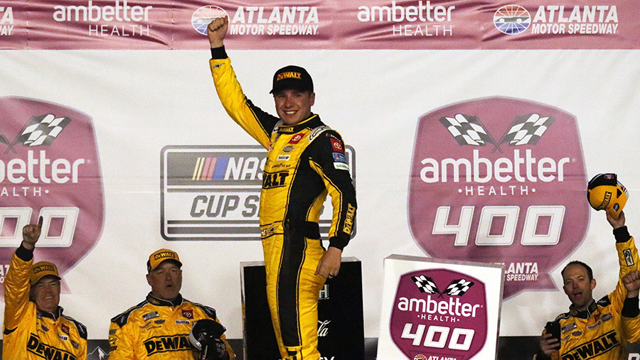 Christopher Bell celebrates his victory in the Ambetter Health 400. This is Bell’s 10th win in the Cup Series and his first at Atlanta Motor Speedway.